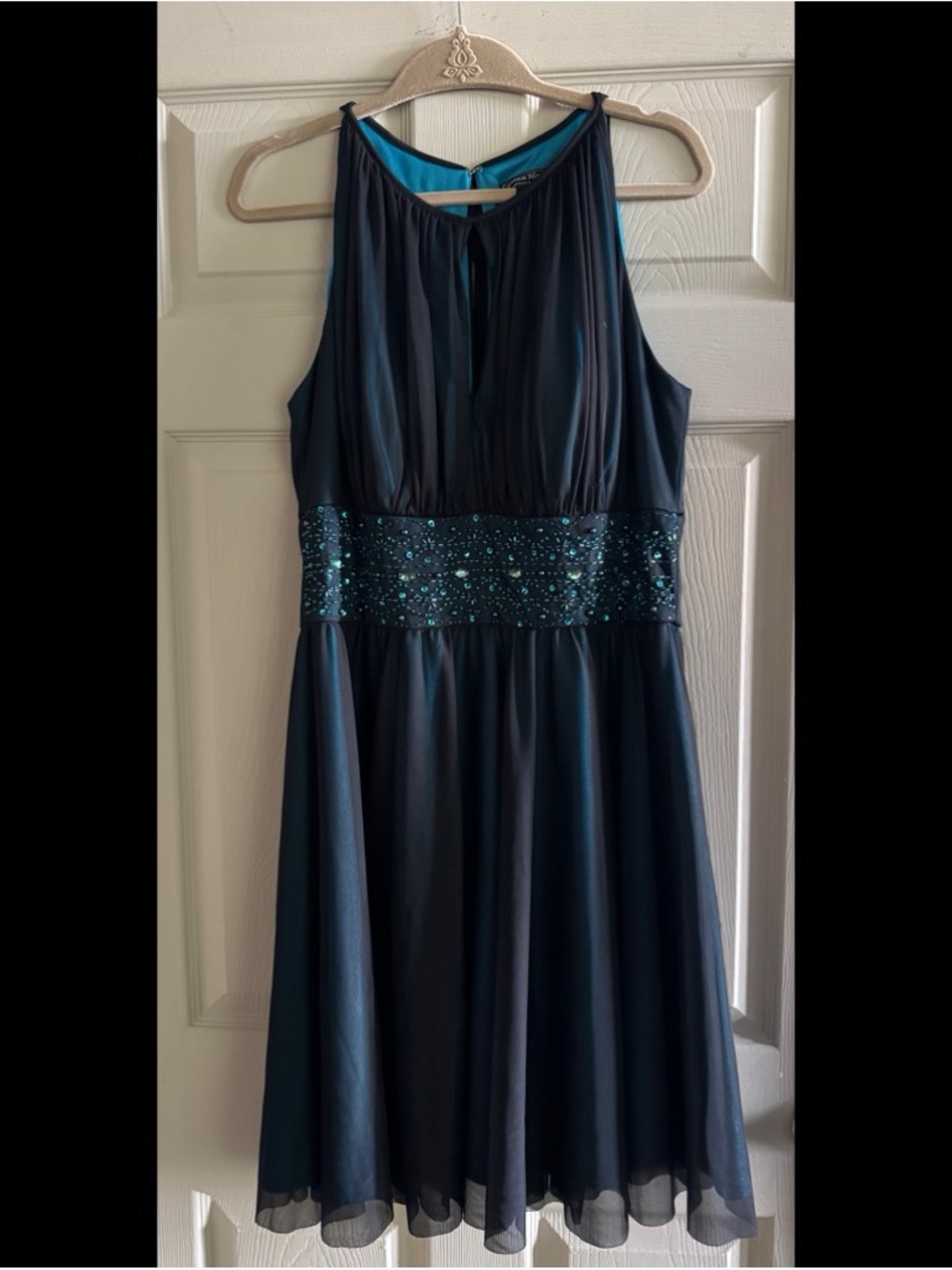 Jessica Howard Teal and Black Embellished Waist Cocktail Dress
